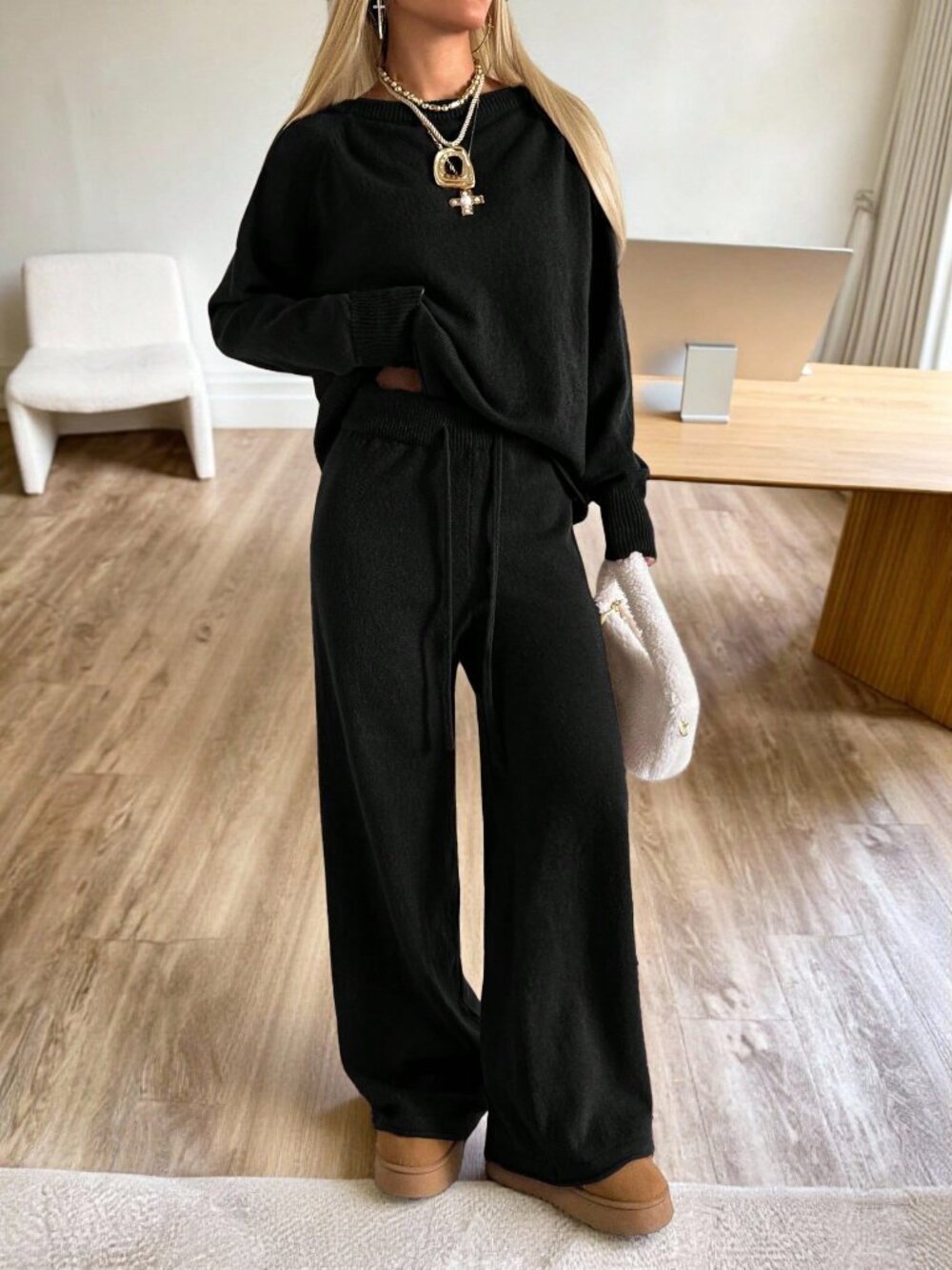 Black Casual Women's Drawstring Rib-Knit Drop Shoulder Long Pants - Picture 3 of 5